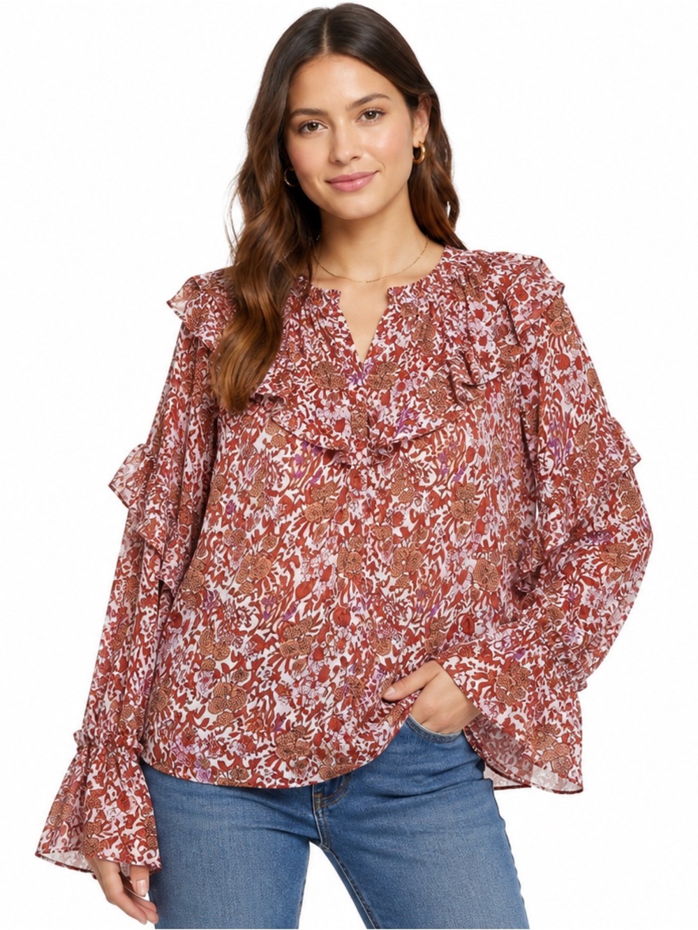 J.Crew XL Floral Ruffle Blouse Bell Sleeve Boho Peasant Top